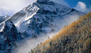 Preview wallpaper mountain, peak, trees, slope, fog, tops, autumn, day