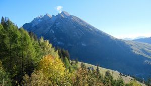 Preview wallpaper mountain, peak, trees, nature, landscape, view