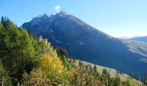 Preview wallpaper mountain, peak, trees, nature, landscape, view