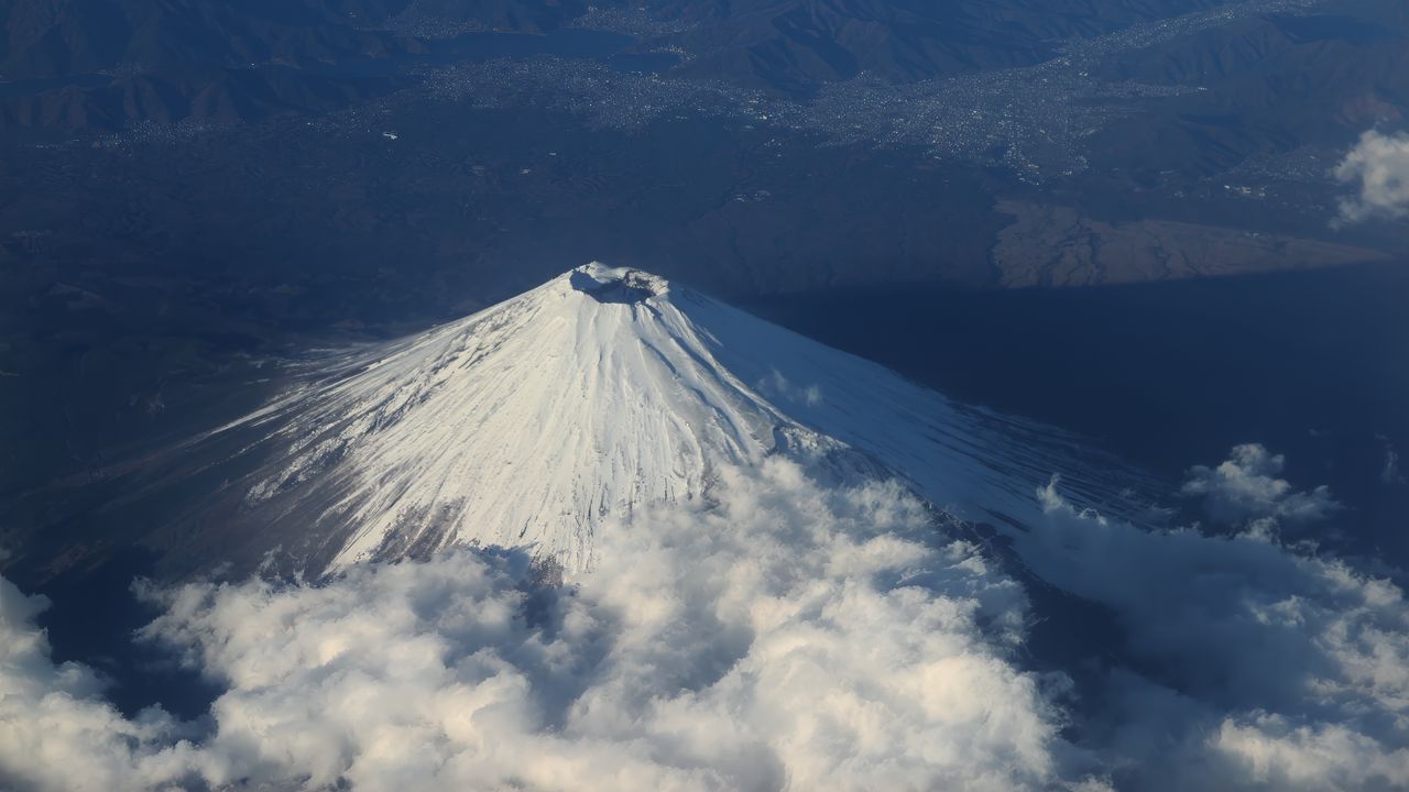 Wallpaper mountain, peak, volcano, clouds, aerial view, nature