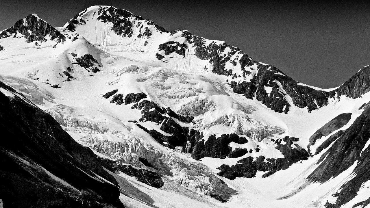 Wallpaper mountain, peaks, snow, black and white hd, picture, image