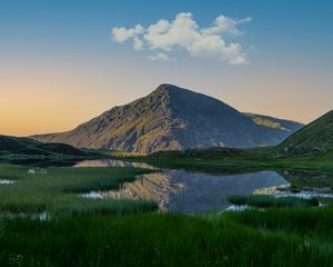 Preview wallpaper mountain, pond, grass, landscape, nature