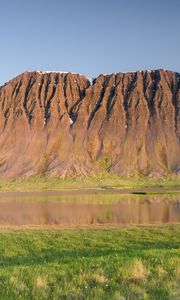 Preview wallpaper mountain, relief, peak, river, valley, grass, landscape