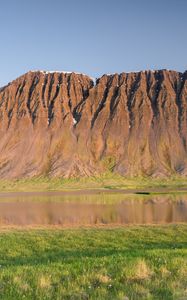 Preview wallpaper mountain, relief, peak, river, valley, grass, landscape