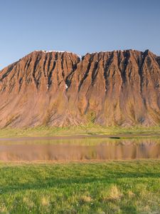 Preview wallpaper mountain, relief, peak, river, valley, grass, landscape