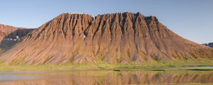 Preview wallpaper mountain, relief, peak, river, valley, grass, landscape