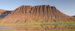 Preview wallpaper mountain, relief, peak, river, valley, grass, landscape