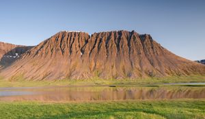 Preview wallpaper mountain, relief, peak, river, valley, grass, landscape