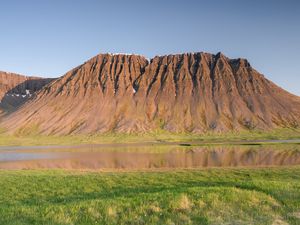 Preview wallpaper mountain, relief, peak, river, valley, grass, landscape