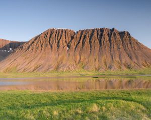 Preview wallpaper mountain, relief, peak, river, valley, grass, landscape