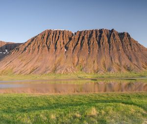 Preview wallpaper mountain, relief, peak, river, valley, grass, landscape