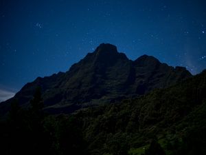 Preview wallpaper mountain, relief, trees, stars, night, landscape, dark