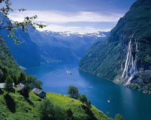 Preview wallpaper mountain, river, grass, sky