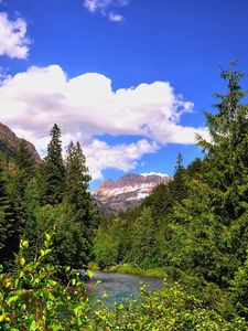 Preview wallpaper mountain, river, grass, trees