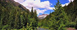 Preview wallpaper mountain, river, grass, trees