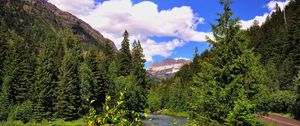 Preview wallpaper mountain, river, grass, trees