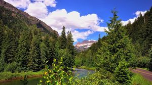 Preview wallpaper mountain, river, grass, trees