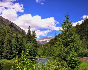 Preview wallpaper mountain, river, grass, trees