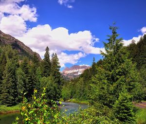 Preview wallpaper mountain, river, grass, trees