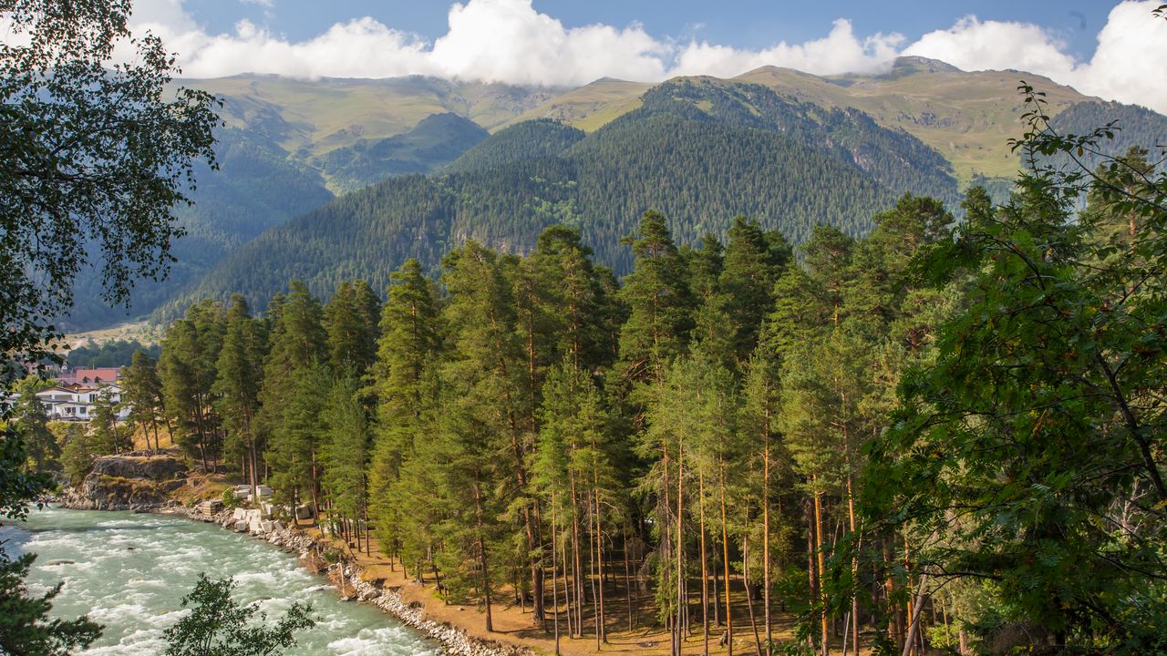 Wallpaper mountain river, river, mountains, trees, nature