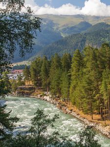 Preview wallpaper mountain river, river, mountains, trees, nature