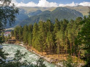Preview wallpaper mountain river, river, mountains, trees, nature