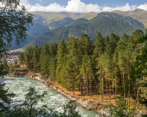 Preview wallpaper mountain river, river, mountains, trees, nature