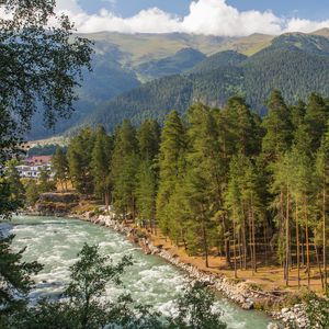 Preview wallpaper mountain river, river, mountains, trees, nature