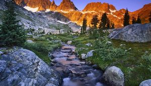 Preview wallpaper mountain river, shade, stones, greens, sunlight