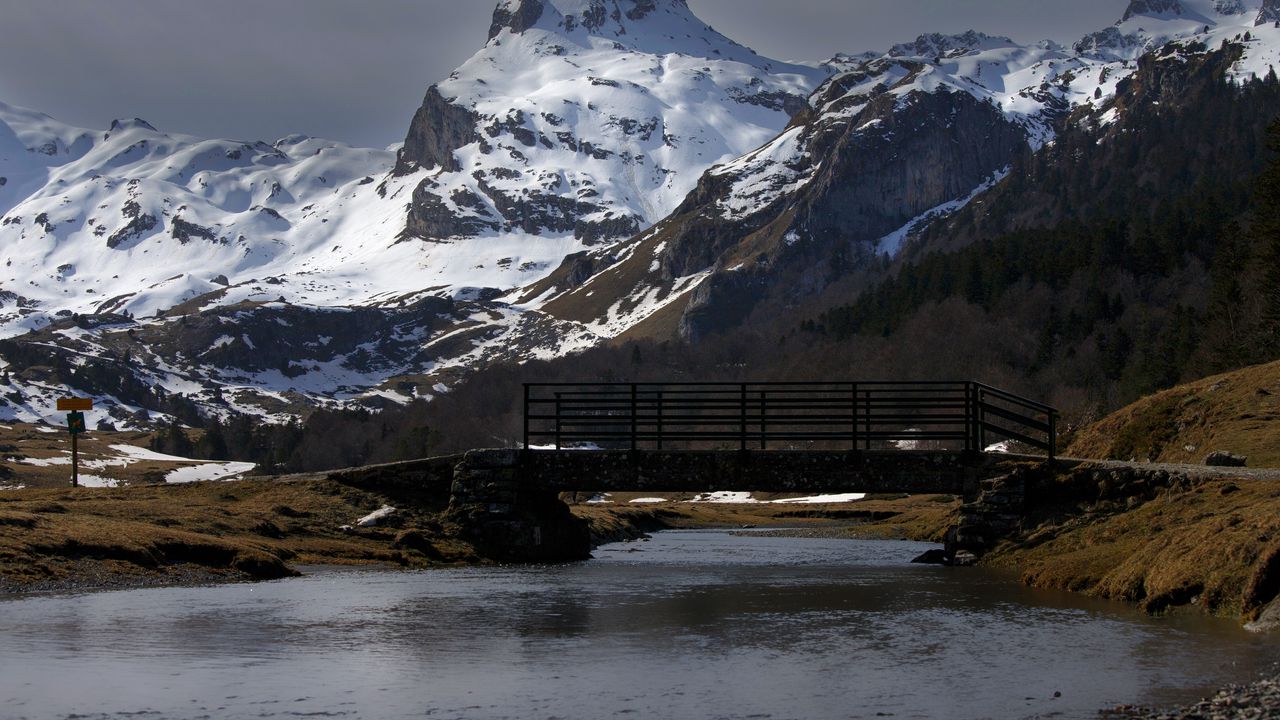 Wallpaper mountain, river, snow, bridge, landscape
