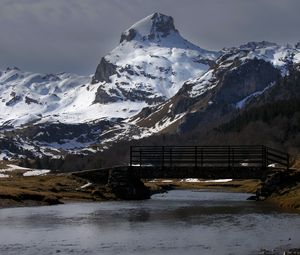 Preview wallpaper mountain, river, snow, bridge, landscape