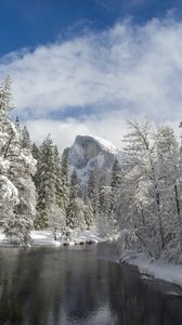 Preview wallpaper mountain, river, snow trees, valley