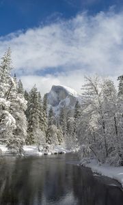 Preview wallpaper mountain, river, snow trees, valley