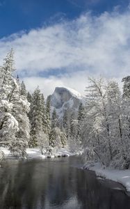 Preview wallpaper mountain, river, snow trees, valley