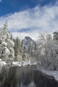 Preview wallpaper mountain, river, snow trees, valley