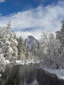 Preview wallpaper mountain, river, snow trees, valley