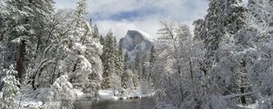 Preview wallpaper mountain, river, snow trees, valley