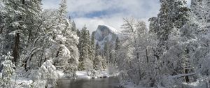 Preview wallpaper mountain, river, snow trees, valley