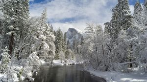 Preview wallpaper mountain, river, snow trees, valley