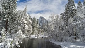 Preview wallpaper mountain, river, snow trees, valley