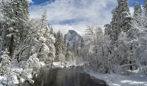 Preview wallpaper mountain, river, snow trees, valley