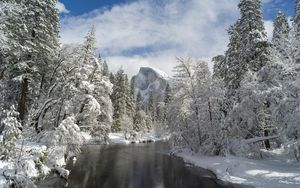 Preview wallpaper mountain, river, snow trees, valley