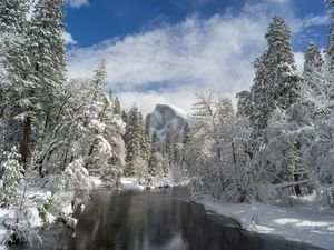 Preview wallpaper mountain, river, snow trees, valley