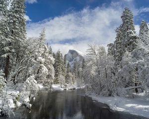 Preview wallpaper mountain, river, snow trees, valley