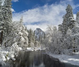 Preview wallpaper mountain, river, snow trees, valley