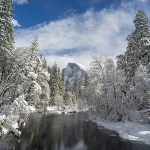 Preview wallpaper mountain, river, snow trees, valley