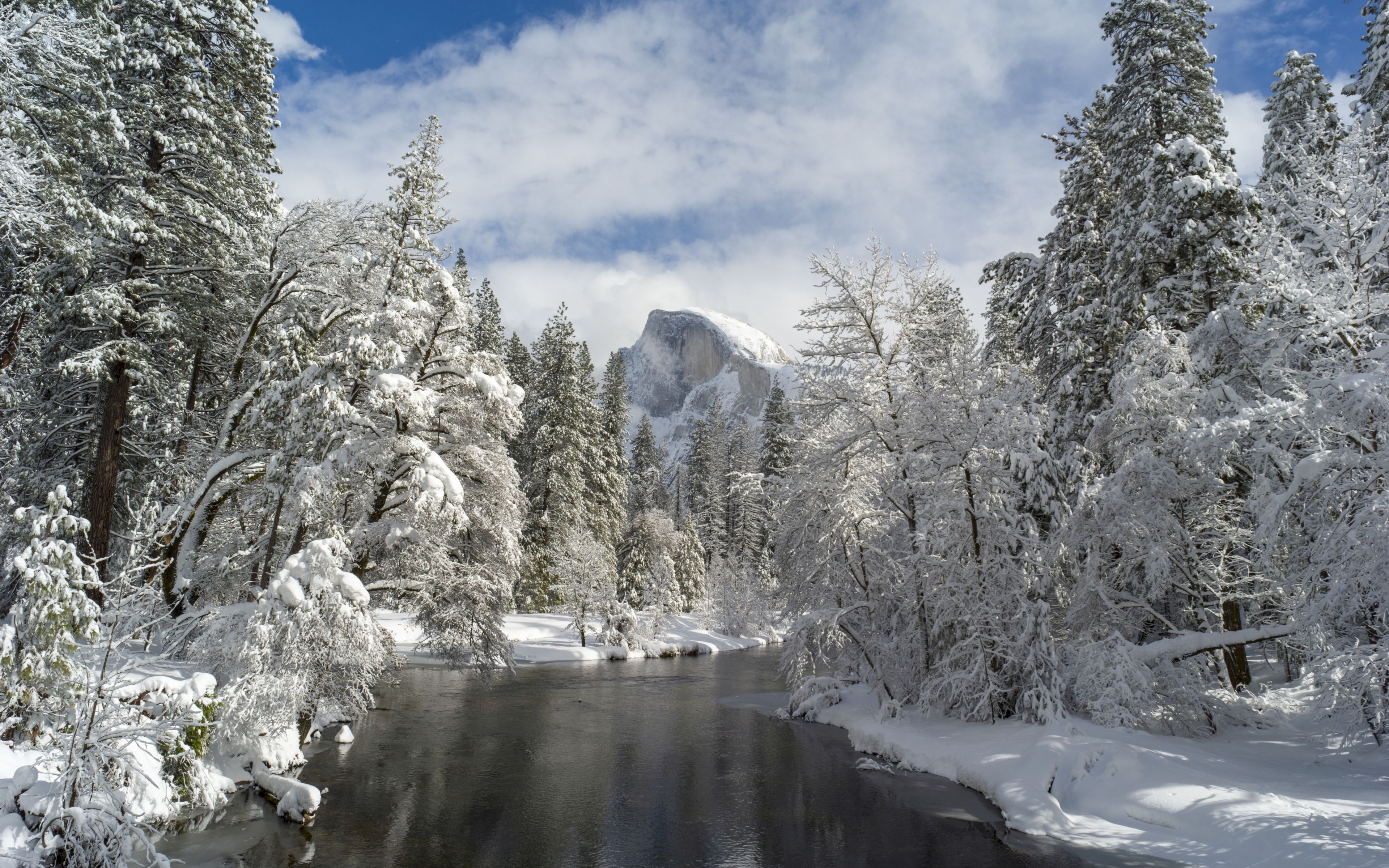 Download wallpaper 3840x2400 mountain, river, snow trees, valley 4k ...