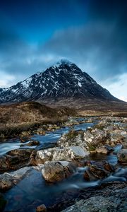 Preview wallpaper mountain, river, stones, clouds, sky, landscape, water, current