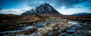 Preview wallpaper mountain, river, stones, clouds, sky, landscape, water, current