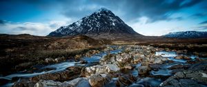 Preview wallpaper mountain, river, stones, clouds, sky, landscape, water, current